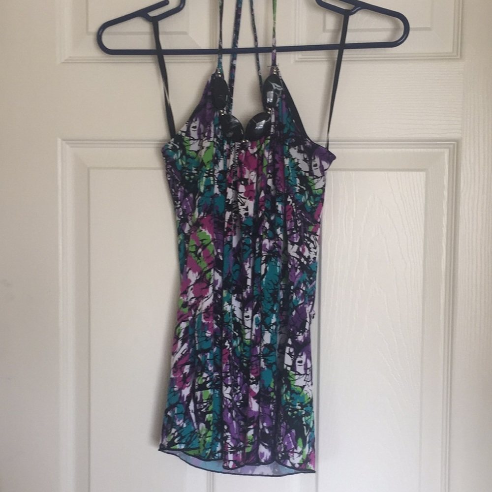 Print halter top with beaded accents